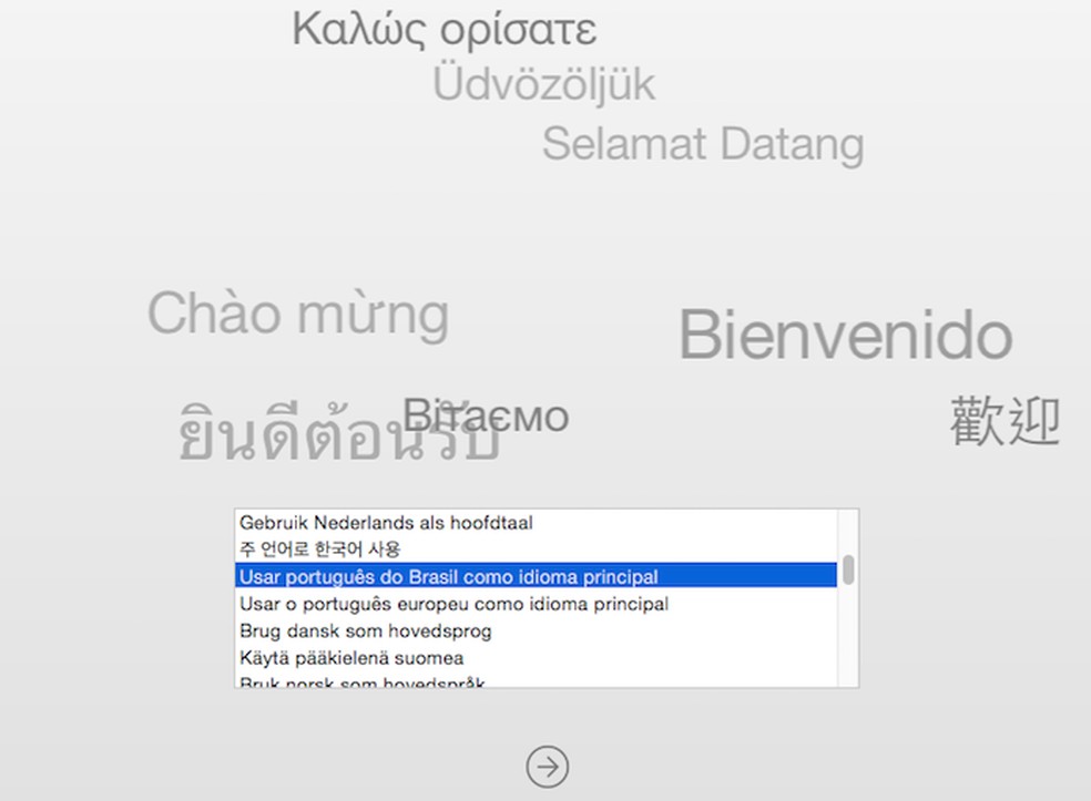 Escolha o idioma de instalação do OS X Yosemite (Foto: Reprodução/Helito Bijora) — Foto: TechTudo