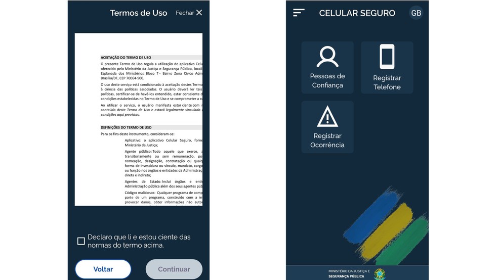 Termos de uso e tela inicial do aplicativo Celular Seguro — Foto: Reprodução/TechTudo