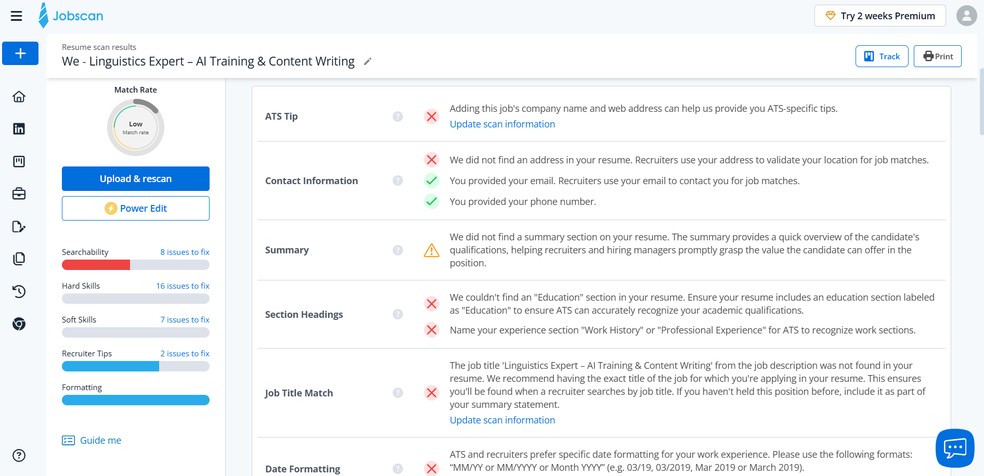 Jobscan utiliza IA para avaliar os currículos — Foto: Reprodução/Gisele Veríssimo