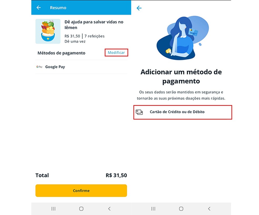 Adicione um método de pagamento para fazer doações no app ShareTheMeal — Foto: Reprodução/Marcela Franco