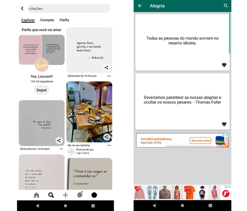 Aplicativos como o Pinterest reúnem diversas frases e citações que podem ser usadas como Recado no WhatsApp — Foto: Reprodução/Mariana Tralback