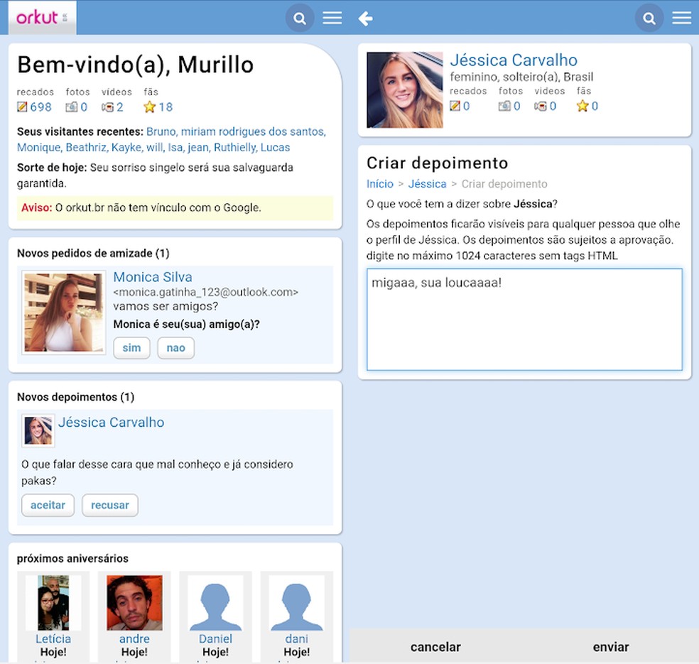 Aplicativo que recria Orkut fez sucesso na última semana  — Foto: Divulgação/Orkut