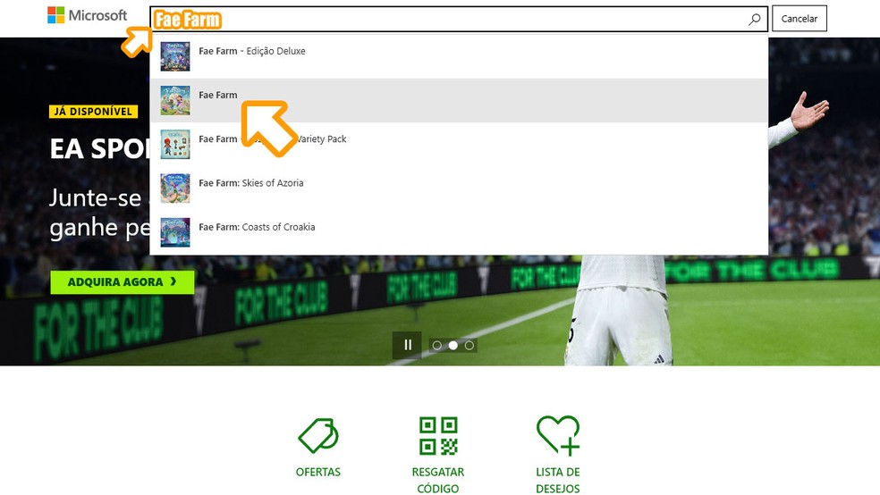 Acesse a Microsoft Store, use a busca no canto superior direito para procurar por "Fae Farm" e entre os resultados clique no jogo — Foto: Reprodução/Rafael Monteiro