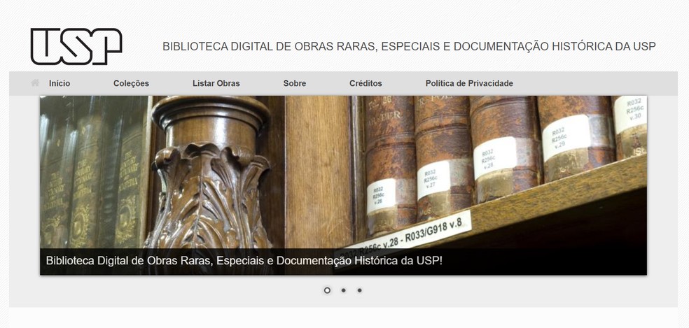Página inicial da Biblioteca Digital de Obras Raras — Foto: Reprodução
