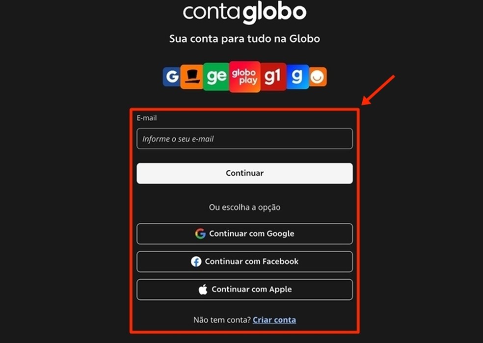 É possível fazer login utilizando seus dados cadastrados na Conta Globo ou reaproveitando informações de outras contas pessoais — Foto: Reprodução/Gabriela Andrade
