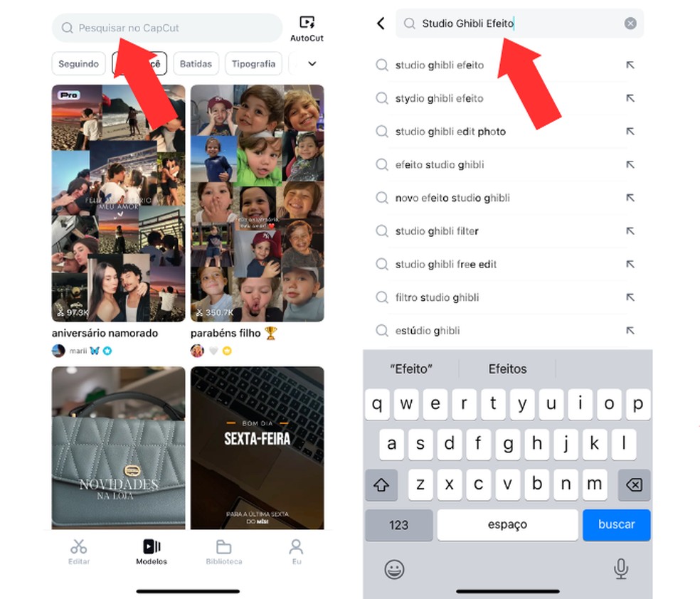 To find filters in CapCut, just use the search bar — Photo: Reproduction/Mariana Tralback