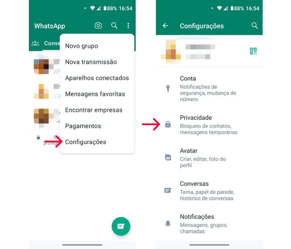 Acessando as configurações de privacidade do WhatsApp no Android — Foto: Reprodução/Leone Ferreira