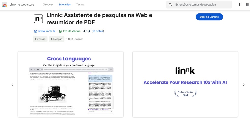 Linnk facilita a pesquisa, resumindo conteúdos e destacando pontos relevantes — Foto: Reprodução/Chrome Web Store