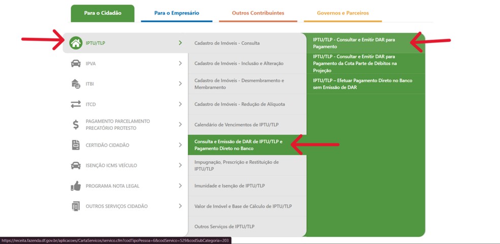 Na aba IPTU/TLP, selecione “Consulta e Emissão de DAR de IPTU/TLP e Pagamento Direto no Banco”, e depois escolha “IPTU/TLP - Consultar e Emitir DAR para Pagamento” — Foto: Reprodução/Matheus Azevedo