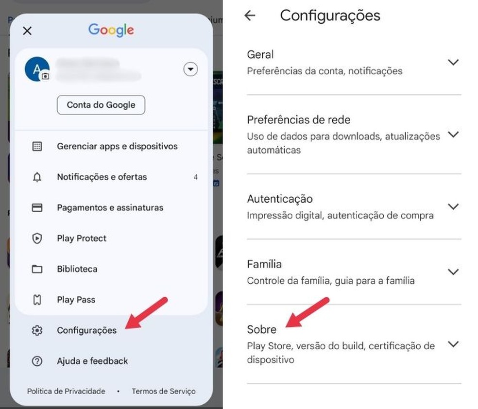 Na Google Play Store, clique em "Configurações" e, depois, em "Sobre" — Foto: Foto: Reprodução/Mayara Aguiar