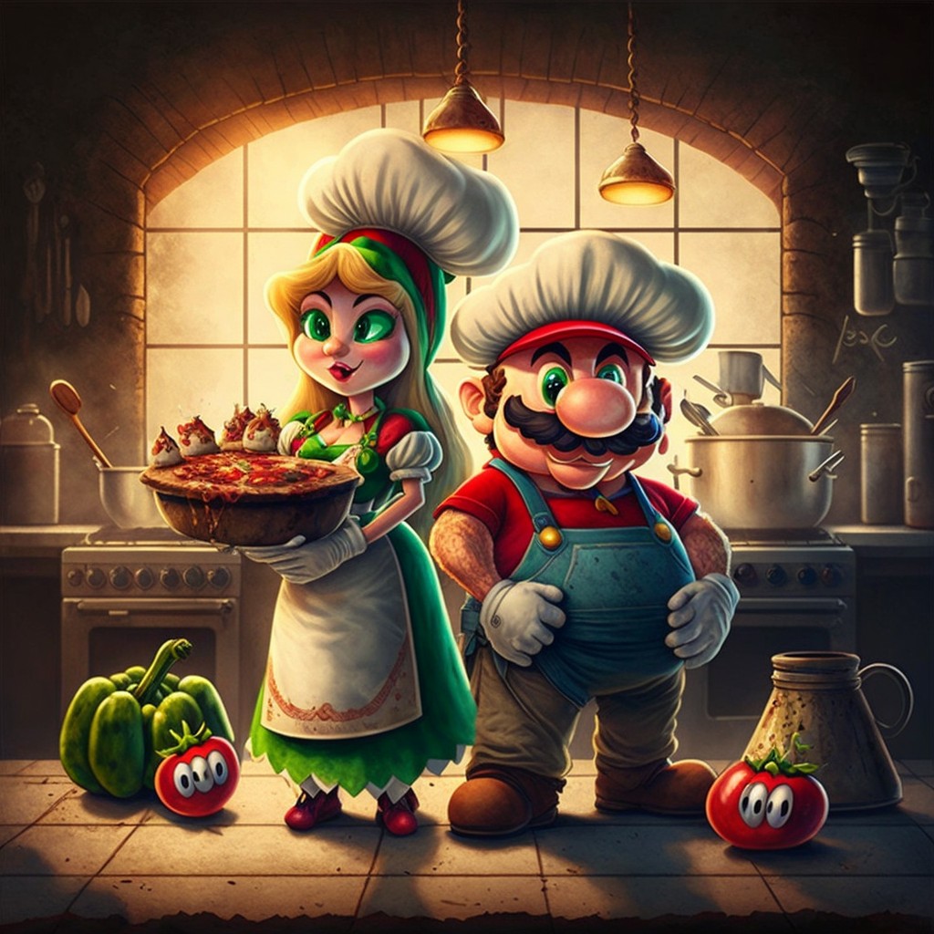 Super Mário e Princesa cozinhando  — Foto: Reprodução/Midjourney