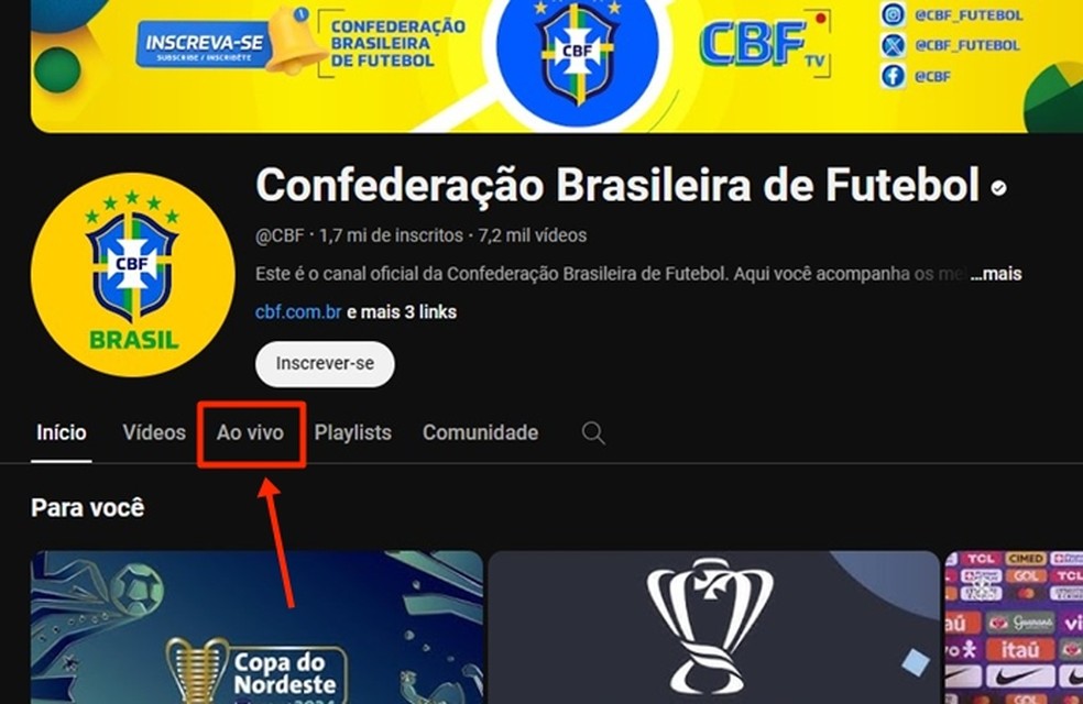 Dentro do menu “Ao Vivo”, no canal da CBF no YouTube, espectador visualiza as atuais transmissões online e em tempo real — Foto: Reprodução/Gabriela Andrade