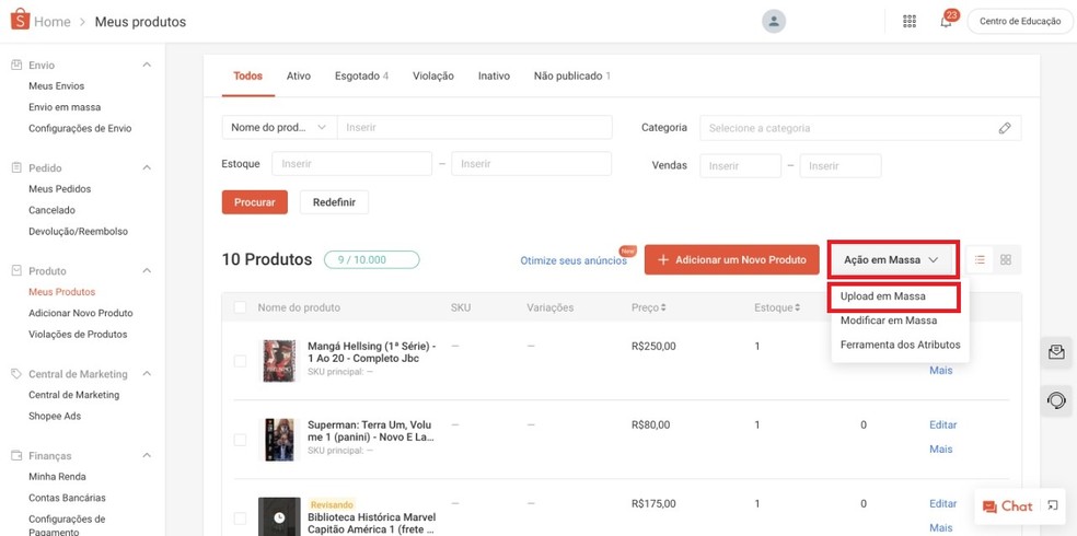 Como anunciar na Shopee? Selecione as opções "Ação em Massa" e, em seguida, "Upload em Massa" — Foto: Reprodução/Clara Fabro