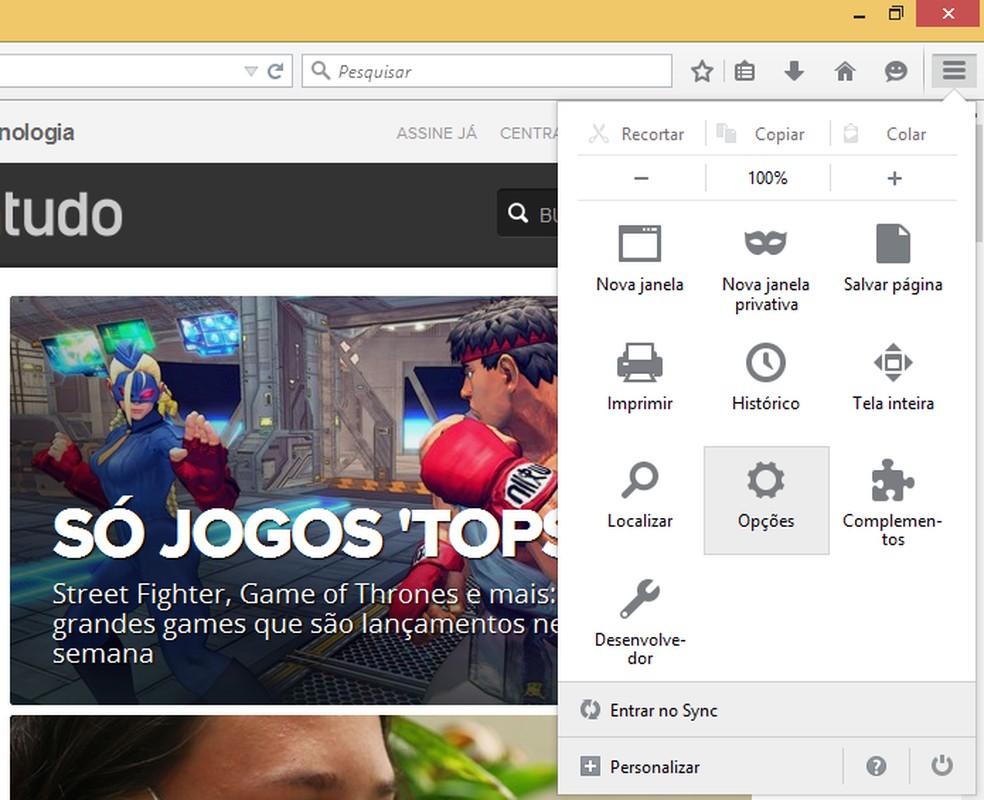 Itens do menu de contexto - Mozilla