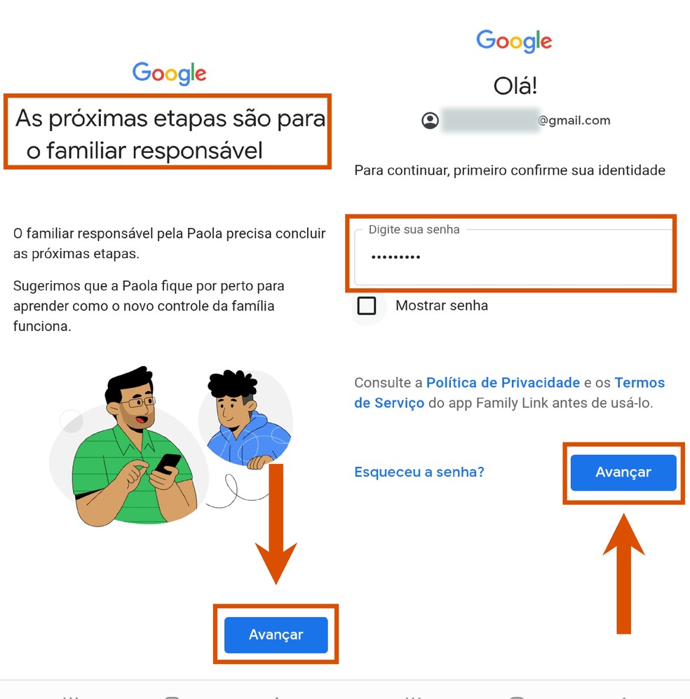 Essa etapa também exige o e-mail e a senha do responsável para avançar na configuração — Foto: Reprodução/Paola Mansur