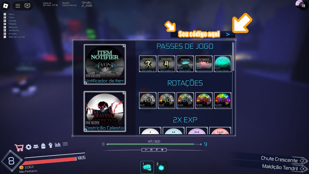 No topo da janela da loja de Jujutsu Infinite em Roblox insira o código e clique na seta ">" para obter sua recompensa. — Foto: Reprodução/Rafael Monteiro