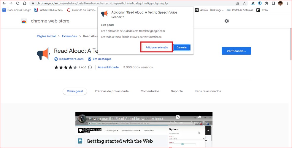 Botão ‘’Adicionar Extensão’’ em destaque — Foto:  Reprodução/Ana Julia Vaz
