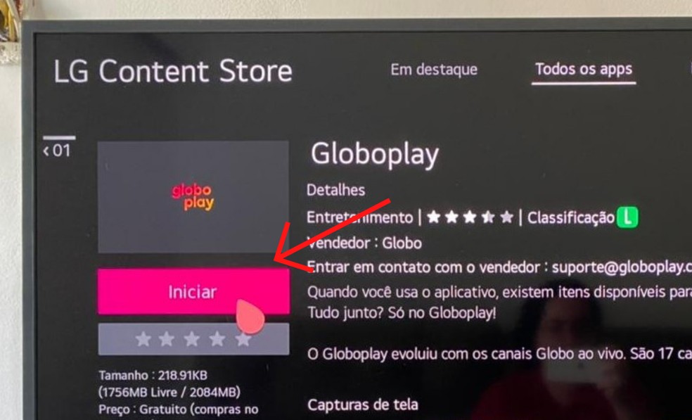 Clique em "iniciar" e veja se o Globoplay está funcionando corretamente — Foto: Reprodução/Vitória Bernardes