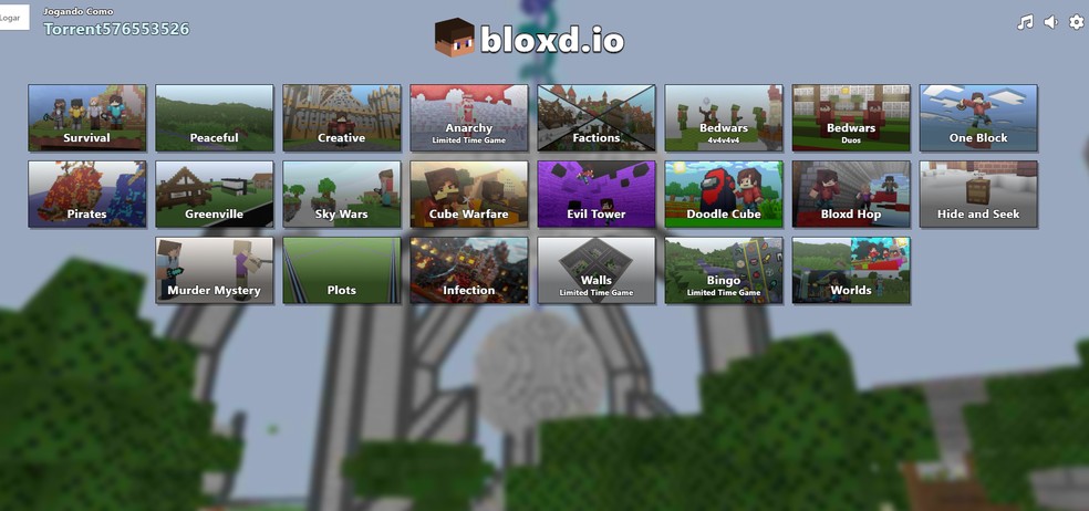 Existem vários modos de jogo no hub de Bloxd.io — Foto: Reprodução/Felipe Vinha