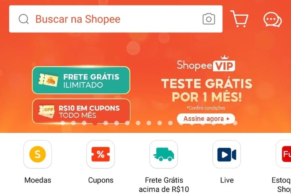 Home da plataforma Shopee, onde é possível encontrar o carrinho no canto superior direito, ao lado do campo de busca — Foto: Reprodução/Shopee