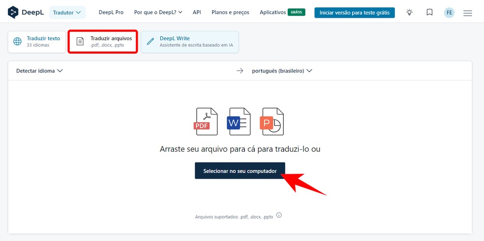 DeepL tem plano grátis que permite traduzir documentos completos — Foto: Reprodução/Rodrigo Fernandes