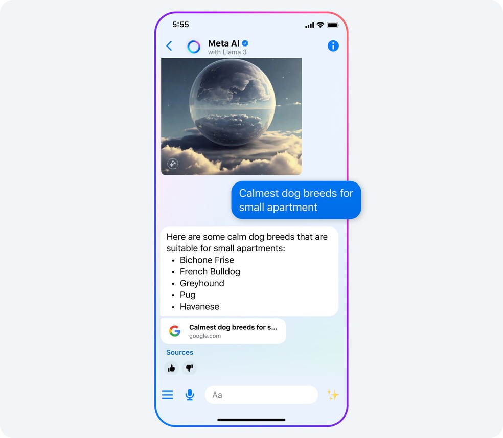 Disponível aba de pesquisa do Facebook, Instagram, WhatsApp e Messenger, Meta AI acessa informações da internet em tempo real. — Foto: Reprodução/Meta