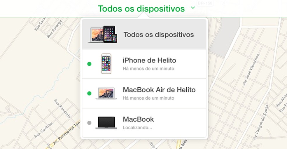 Selecione o dispositivo perdido que você deseja localizar pelo iCloud  — Foto: Reprodução/Helito Bijora