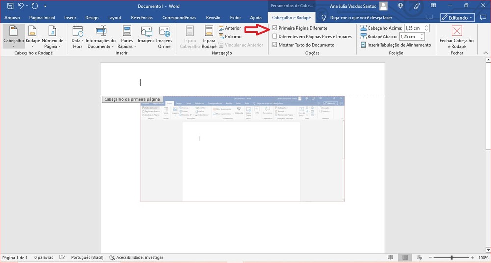 Como deixar cabeçalho só na primeira página do Word