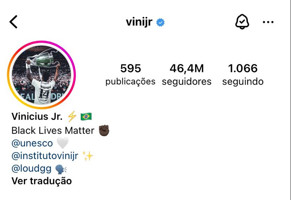 Vinícius Jr. está em décimo lugar, com 46,4 milhões de seguidores — Foto: Reprodução/Instagram