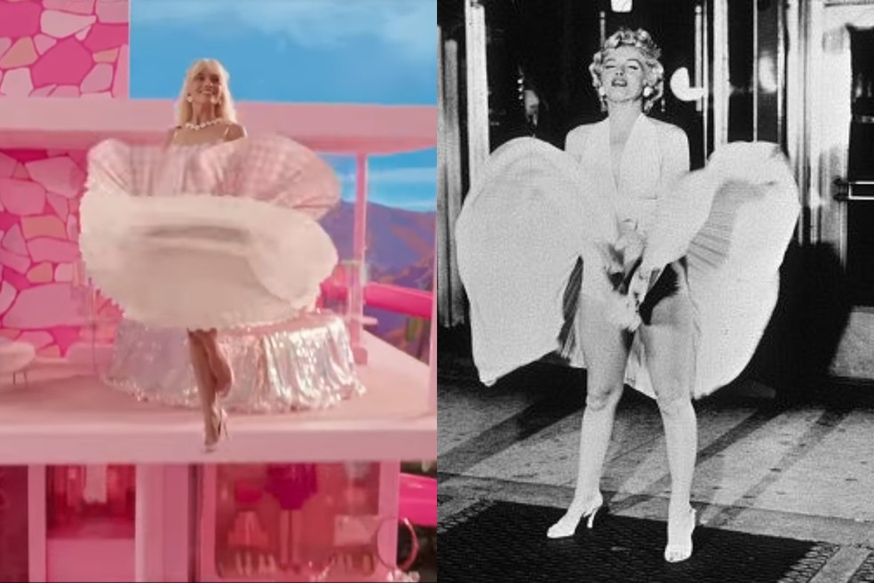 Uma breve referência à Marilyn Monroe pode ser vista na cena em que Barbie desce de sua casa até o carro — Foto: Reprodução/IMDb