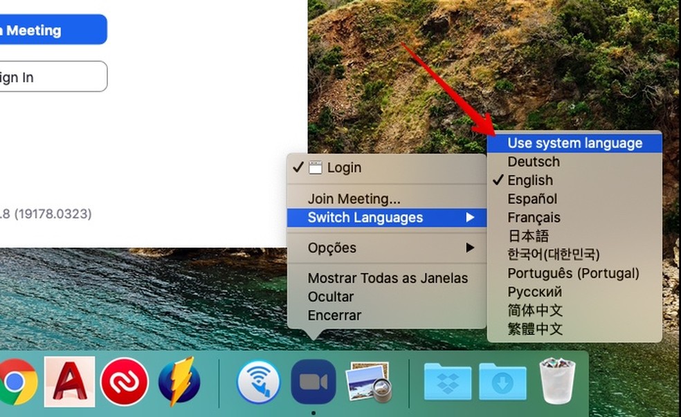 Mudando idioma do Zoom no macOS — Foto: Reprodução/Helito Beggiora