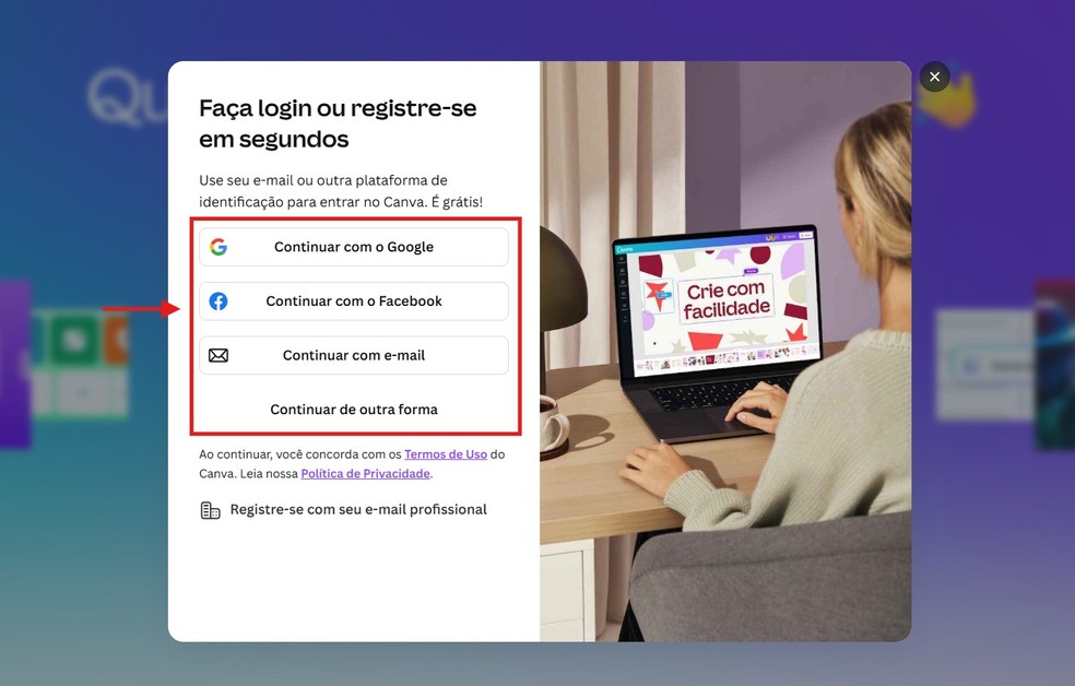 Faça login ou crie um cadastro gratuito para usar o Canva — Foto: Reprodução/Thaisi Carvalho