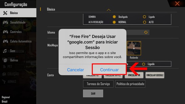 Como vincular a conta do Free Fire com o Google