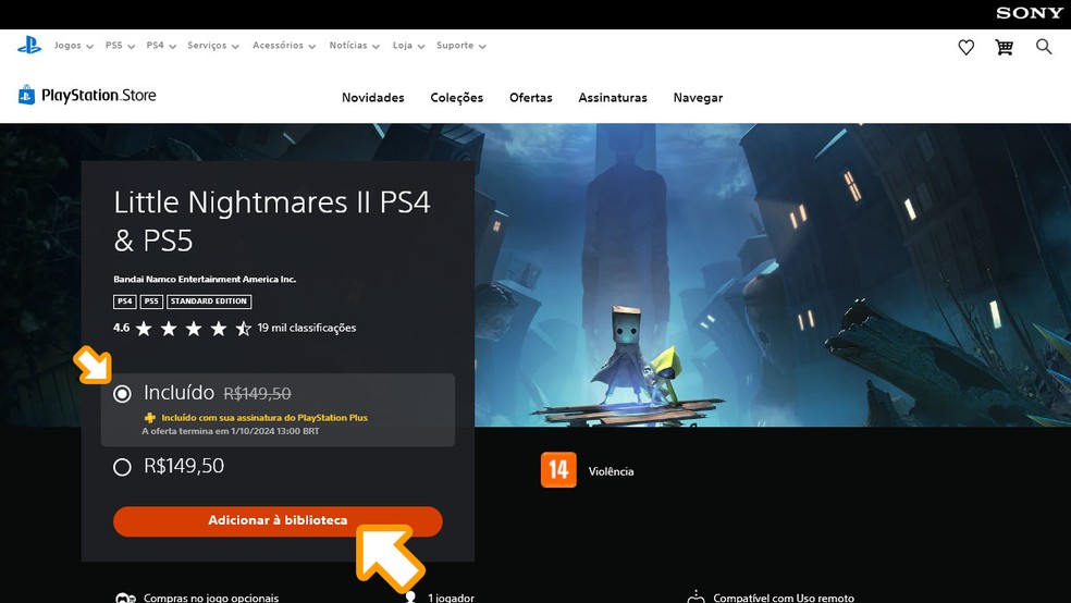 Escolha a opção "Incluído com sua assinatura do PlayStation Plus" e clique em "Adicionar à biblioteca" para poder baixar e joga o game — Foto: Reprodução/Rafael Monteiro