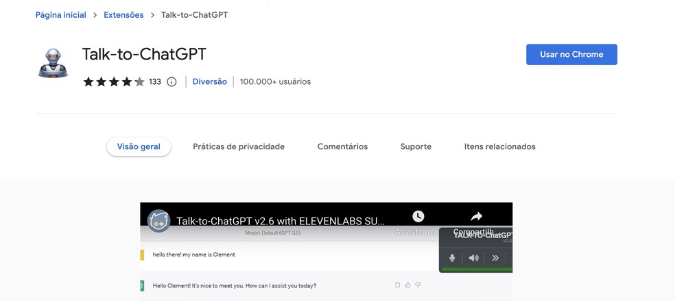 Página da extensão Talk-to-ChatGPT na Chrome Web Store — Foto: Reprodução/Gabrielle Garcia