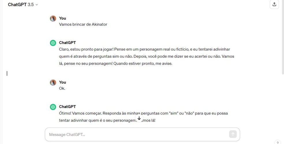Akinator no ChatGPT — Foto: Reprodução/Millena Borges