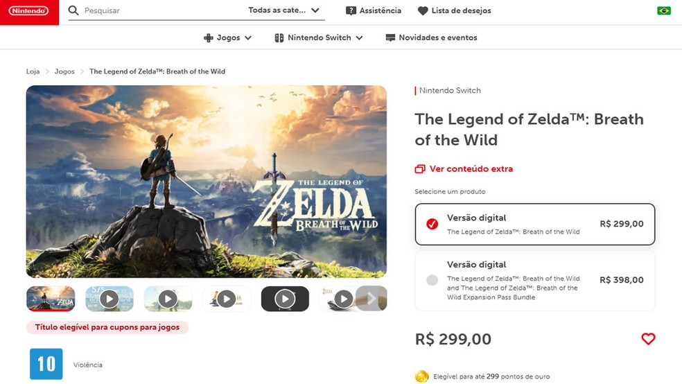 The Legend of Zelda: Breath of the Wild, jogo de lançamento do primeiro Nintendo Switch, ainda pode ser encontrado a preço cheio na loja do console por R$ 299 — Foto: Reprodução/Nintendo