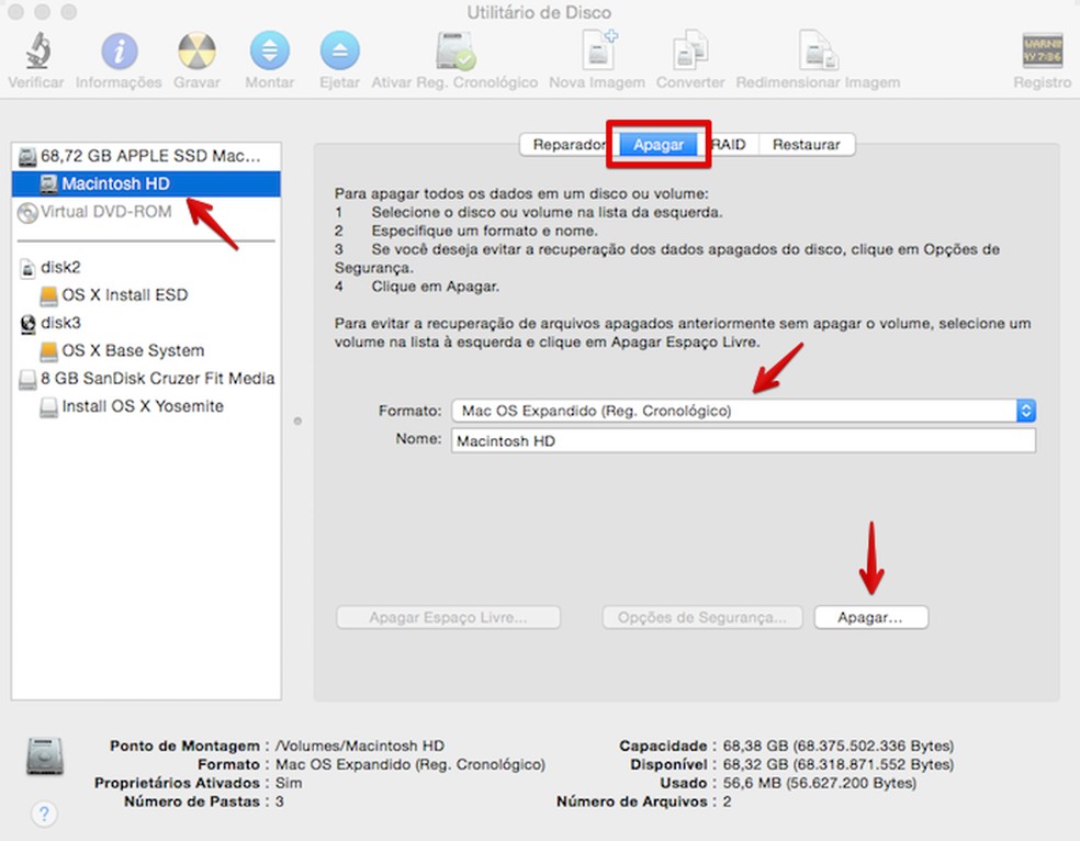 Formatando a partição em que o OS X será instalado (Foto: Reprodução/Helito Bijora) — Foto: TechTudo