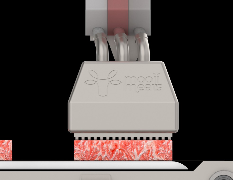 Impressora 3D da Mooji Meats com diversos bicos simultâneos para produção de cortes de carne vegetariana — Foto: Divulgação/Mooji Meats