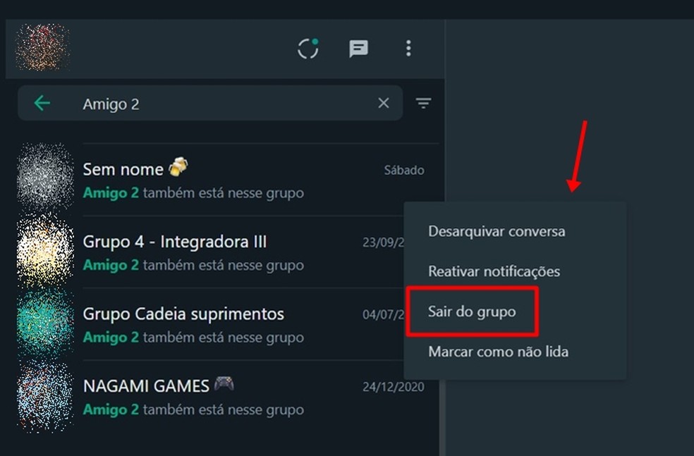Ao ver o menu disponível, se quiser sair do grupo clique na opção correspondente — Foto: Reprodução/Gabriela Andrade