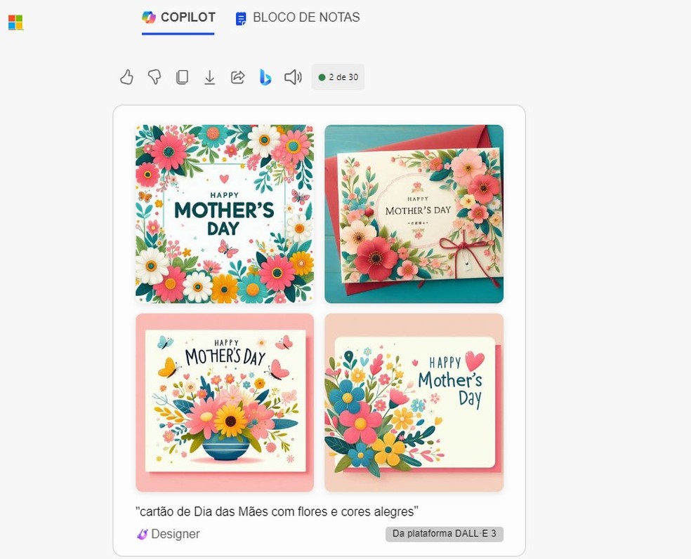 Microsoft Copilot pode ser usado para criar um cartão temático de Dia das Mães — Foto: Reprodução/Thaisi Carvalho