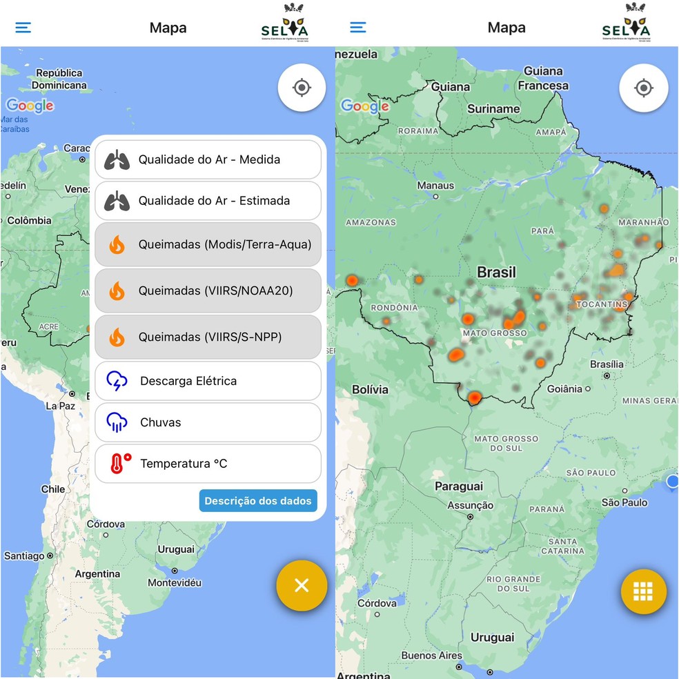 Focos de queimadas espalhados pelo Brasil em tempo real visualizados no aplicativo SELVA — Foto: Reprodução/Yasmin Caminha