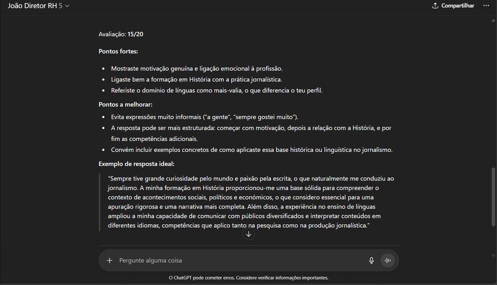 Simulação de entrevista de emprego no ChatGPT — Foto: Reprodução/Gisele Veríssimo