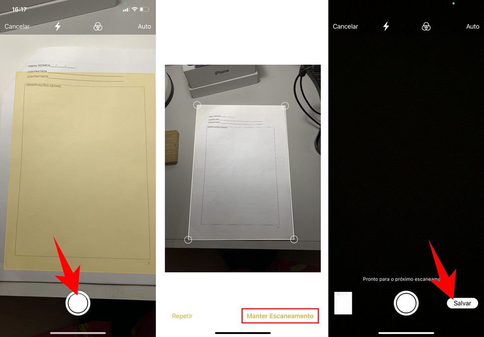 Escaneando um documento pelo app de Notas do iPhone — Foto: Reprodução/Rodrigo Fernandes