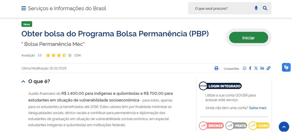 A página do Programa Bolsa Permanência reúne informações sobre critérios, documentação, inscrições e acompanhamento das solicitações — Foto: Reprodução/Portal Gov.br