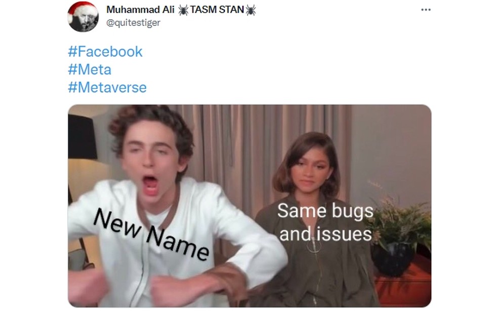 Memes satirizando a mudança de nome do Facebook para Meta se alastraram em outubro — Foto: Reprodução/Twitter