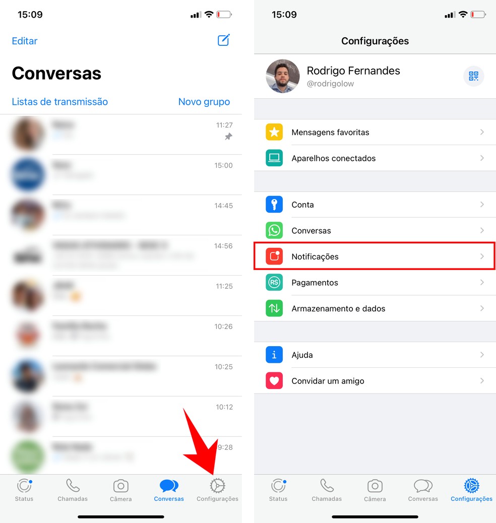Acessando as configurações de notificações no WhatsApp — Foto: Reprodução/Rodrigo Fernandes
