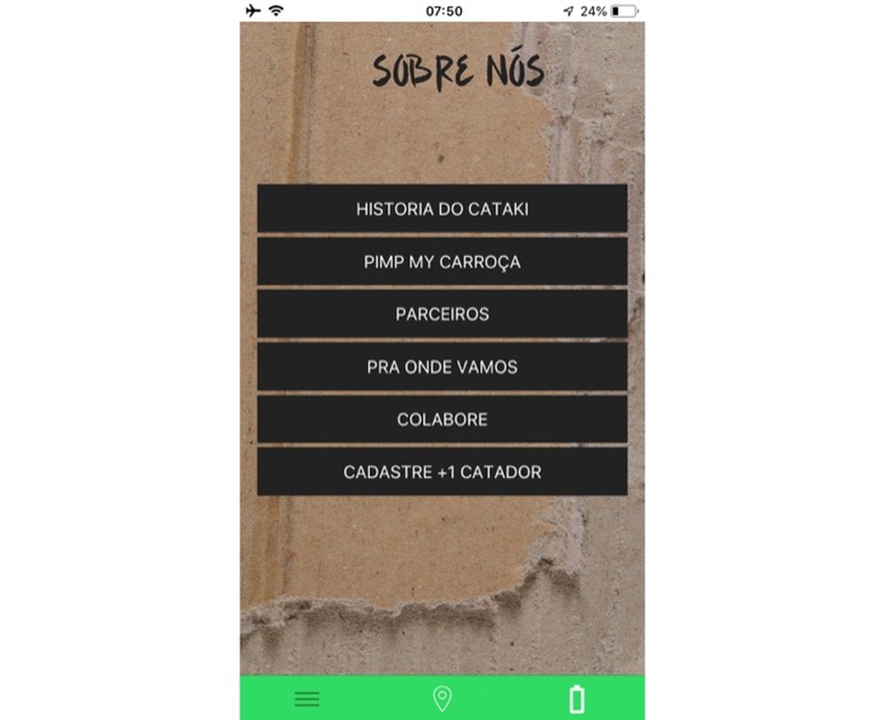 Acesse menu com informações sobre a plataforma e como cadastrar catadores no app Cataki — Foto: Reprodução/Marvin Costa