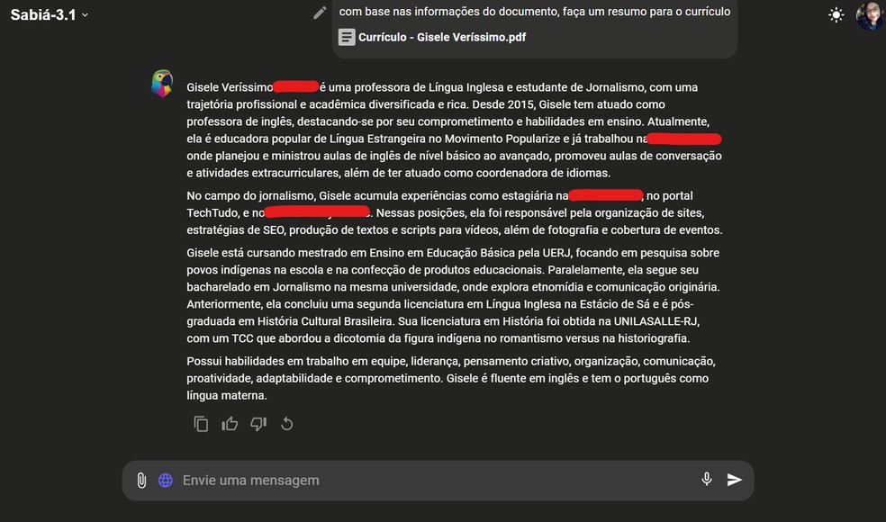 Resumo de currículo feito pela brasileira Maritaca AI — Foto: Reprodução/Gisele Veríssimo