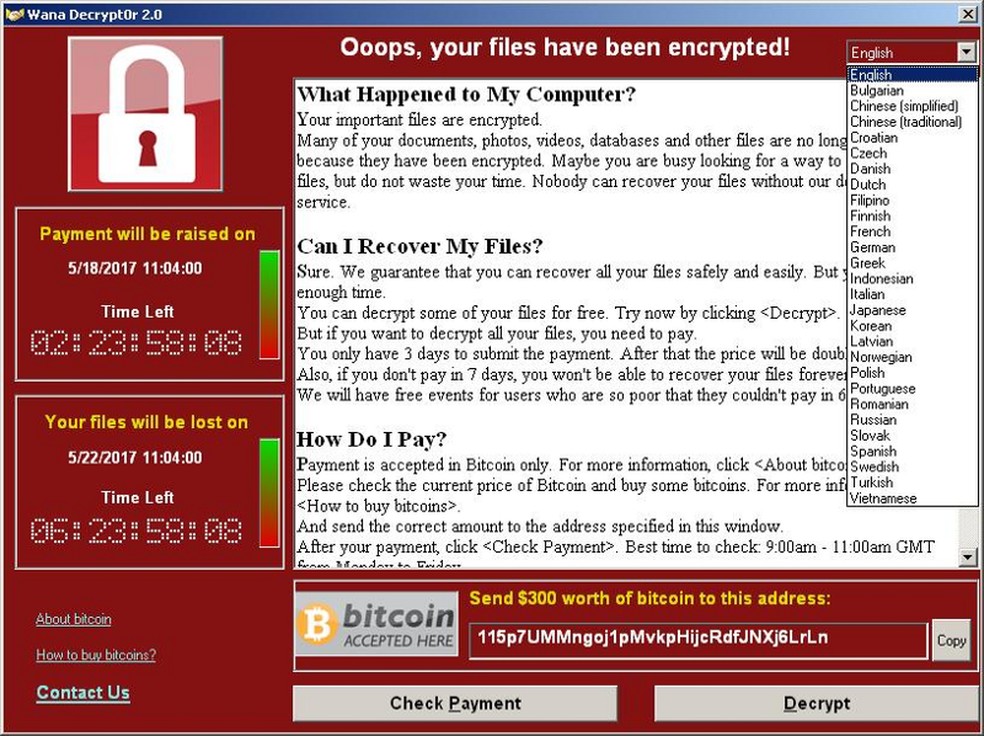 Print da tela exibida pelo ransomware WannaCry (em meados e 2016/1017) informando que os arquivos do computador foram criptografados e estão inacessíveis. Se um pagamento de resgate não for efetuado em tempo, estes arquivos serão perdidos. Imagem: Symantenc
